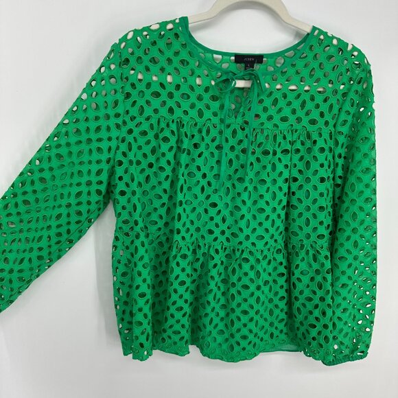 J. Crew Tiered Top in Embroidered Eyelet L Sheer Long Sleeves AM637 Green - Picture 7 of 9